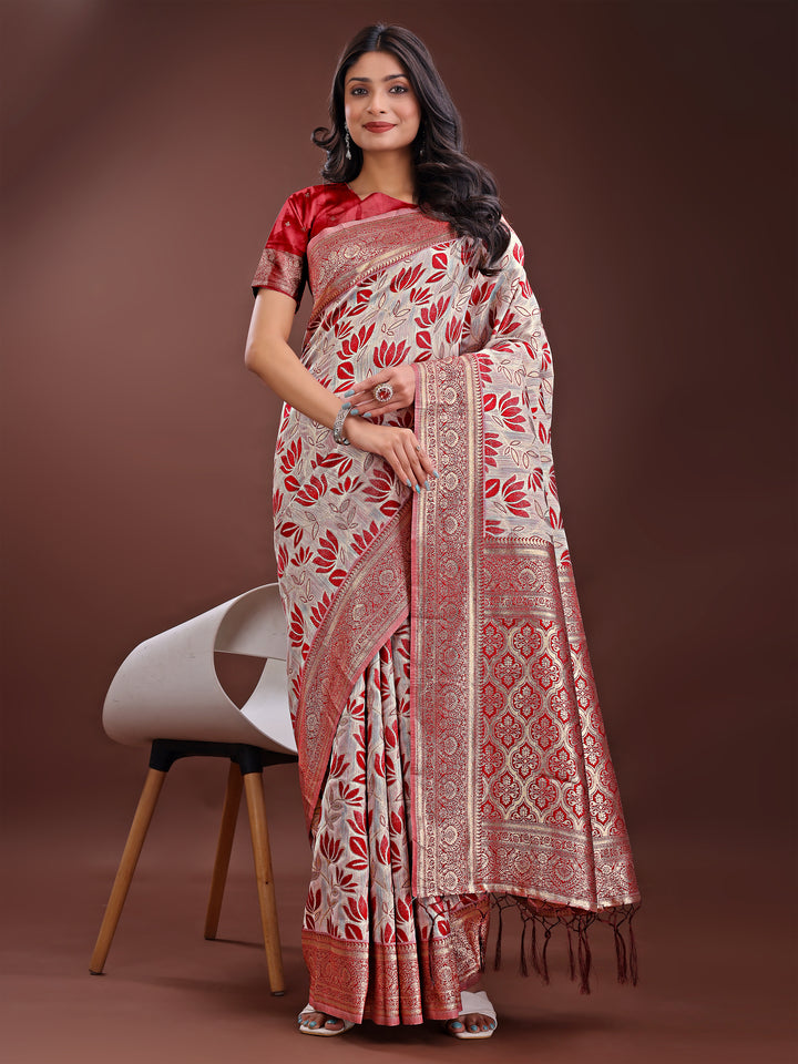 Maroon Colour Linen Cotton Saree Printed Work With Blouse Piece