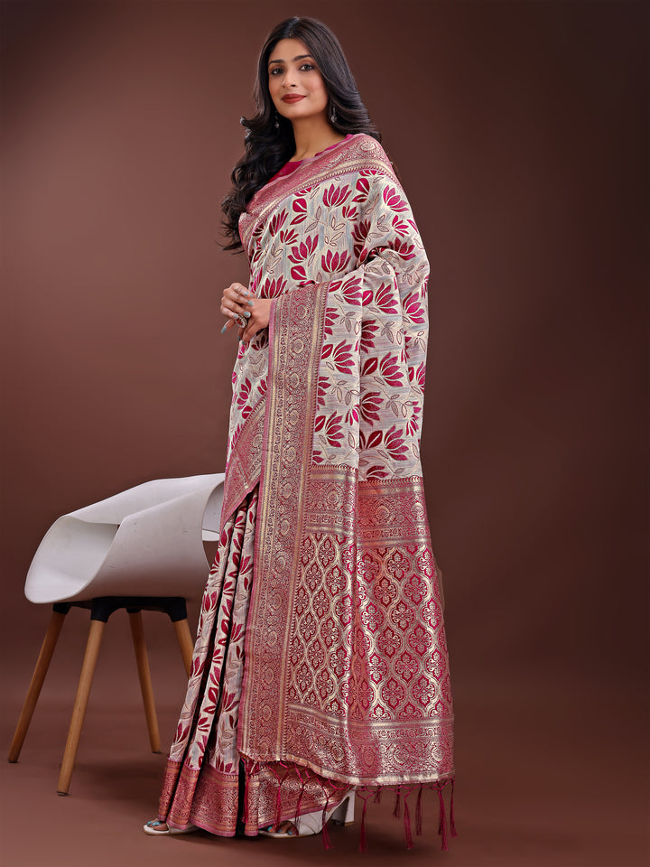 Purple Colour Linen Cotton Saree Printed Work With Blouse Piece