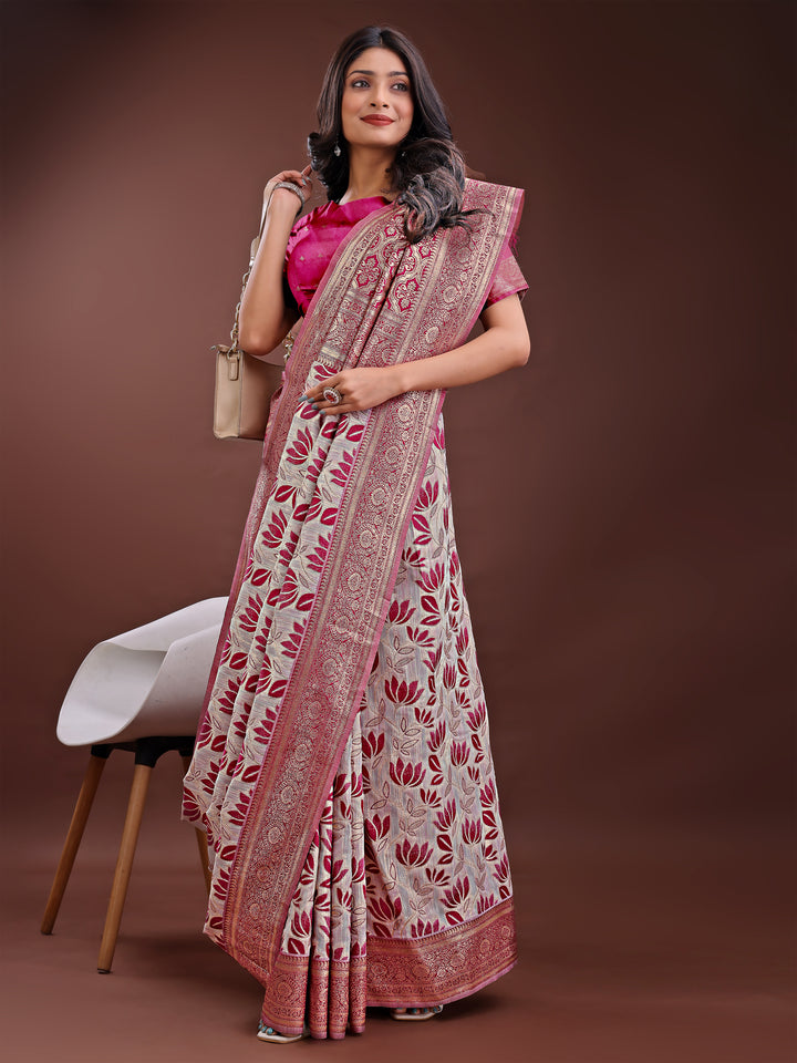Purple Colour Linen Cotton Saree Printed Work With Blouse Piece