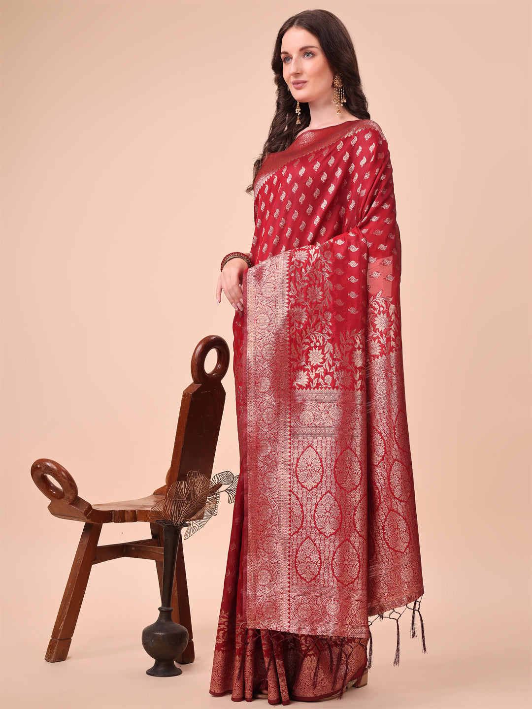 Red Colour Lichi Silk Saree weaving work With Blouse Piece
