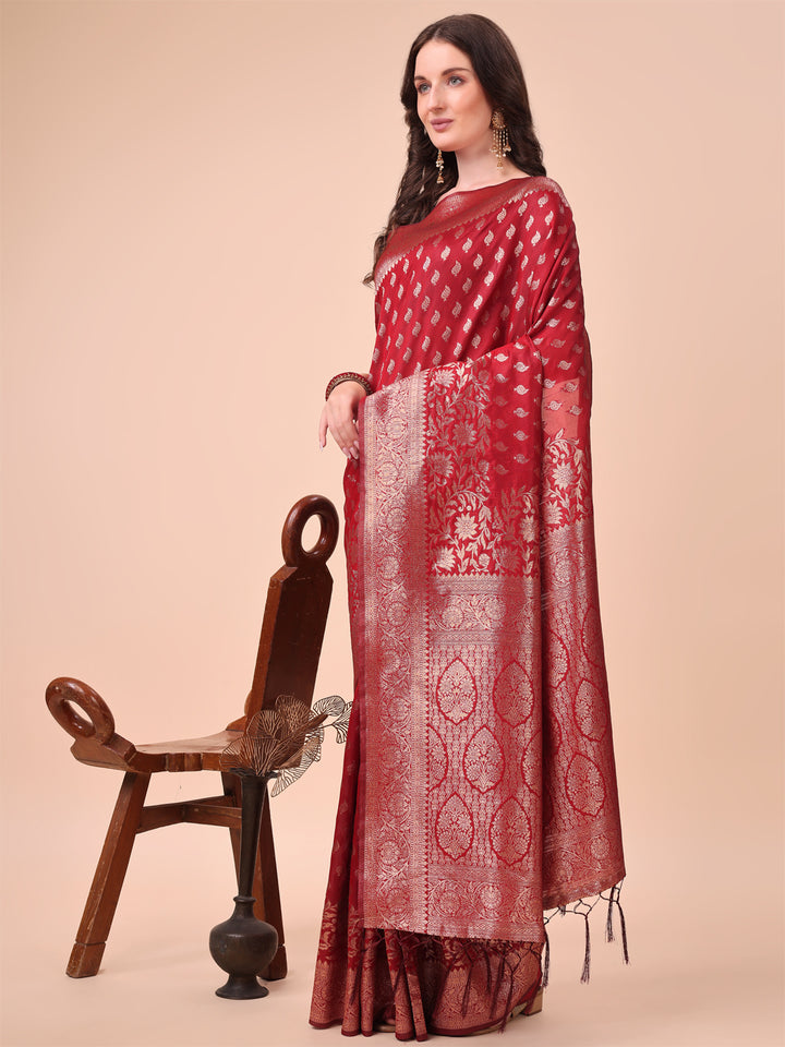 Red Colour Lichi Silk Saree weaving work With Blouse Piece