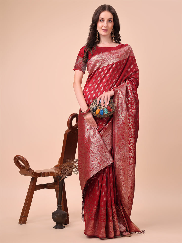 Red Colour Lichi Silk Saree weaving work With Blouse Piece