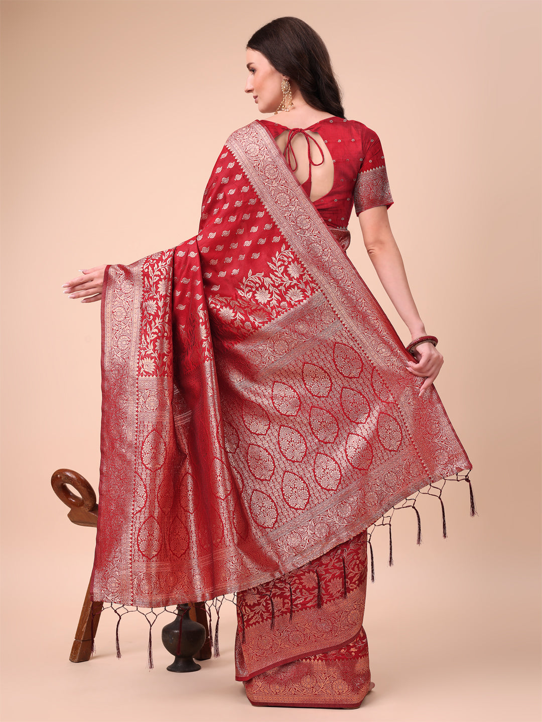 Red Colour Lichi Silk Saree weaving work With Blouse Piece