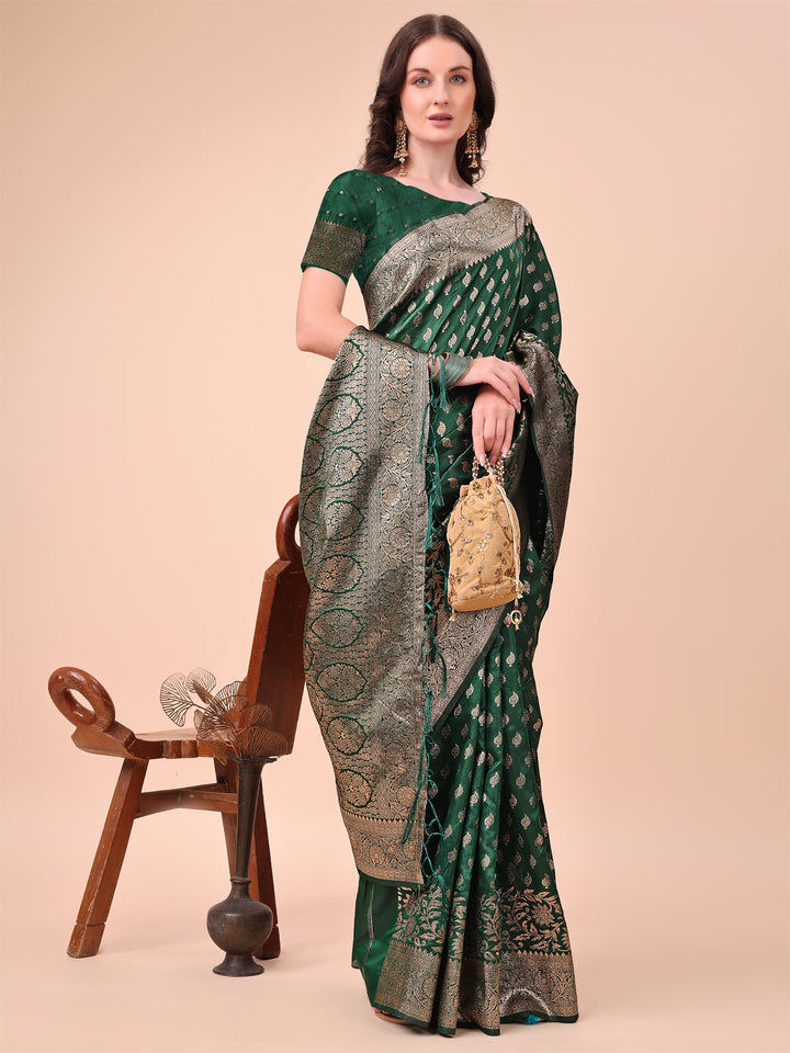 Green Colour Lichi Silk Saree weaving work With Blouse Piece