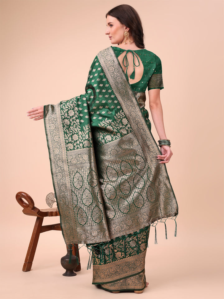 Green Colour Lichi Silk Saree weaving work With Blouse Piece