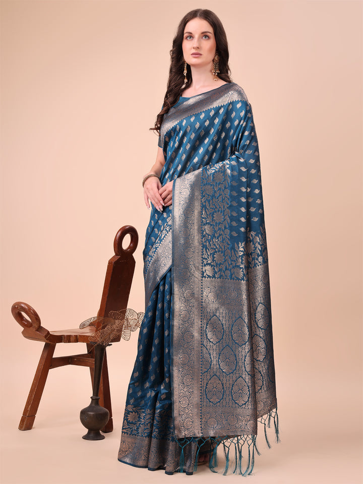 Blue Colour Lichi Silk Saree weaving work With Blouse Piece