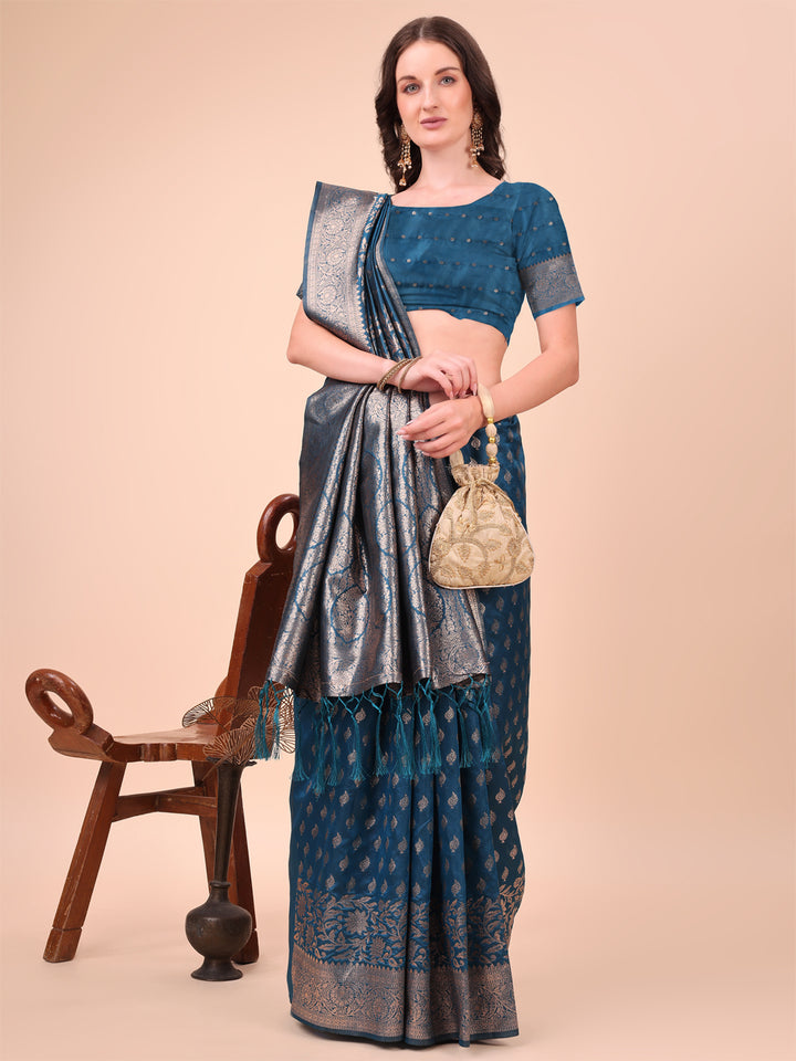 Blue Colour Lichi Silk Saree weaving work With Blouse Piece