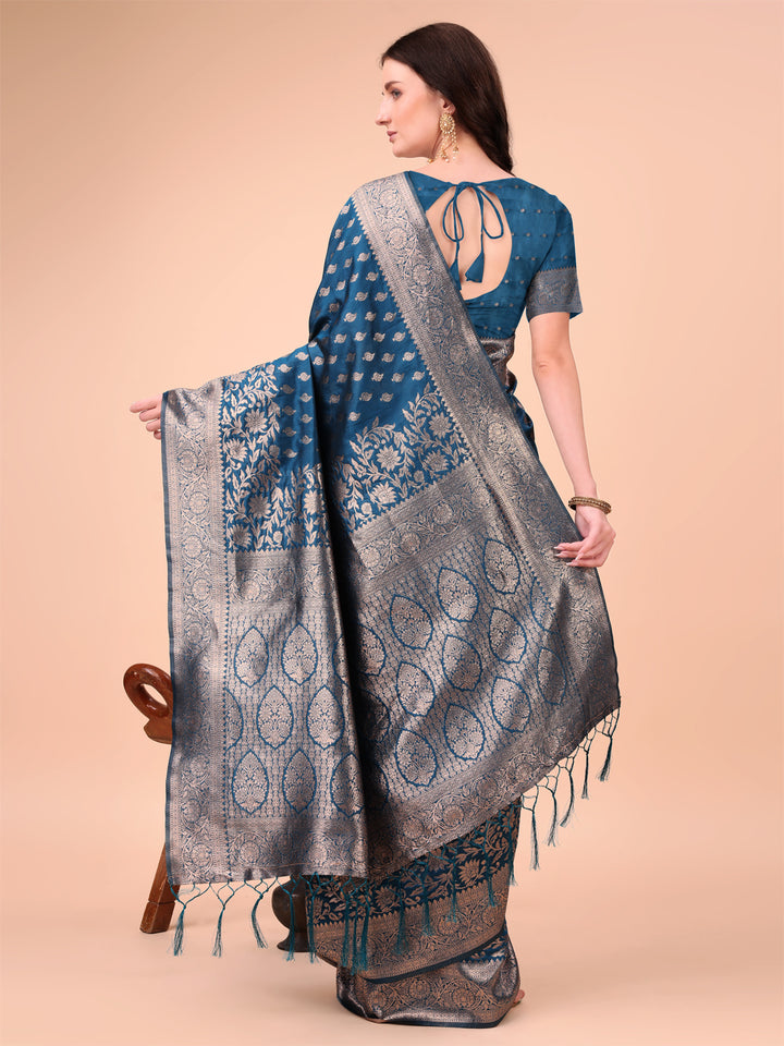 Blue Colour Lichi Silk Saree weaving work With Blouse Piece