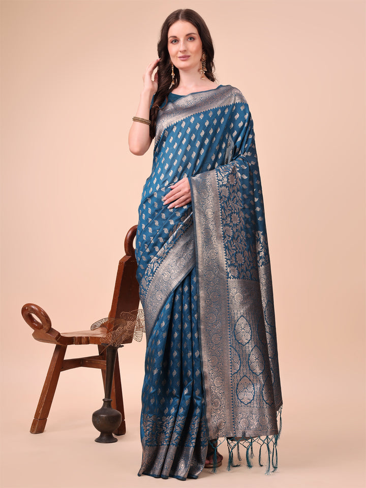 Blue Colour Lichi Silk Saree weaving work With Blouse Piece