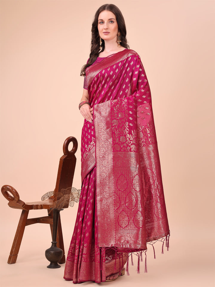 Magenta Colour Lichi Silk Saree weaving work With Blouse Piece