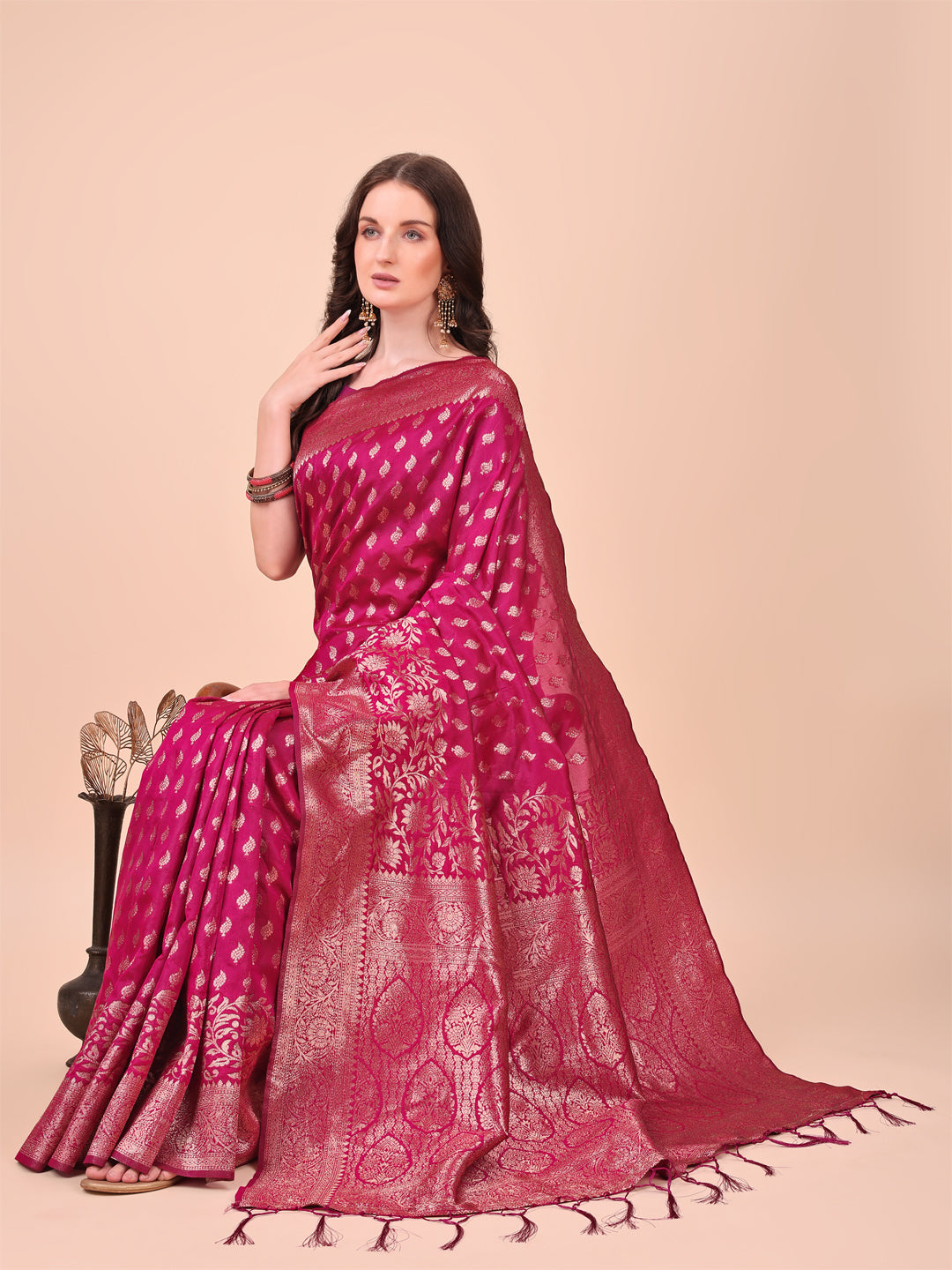 Magenta Colour Lichi Silk Saree weaving work With Blouse Piece