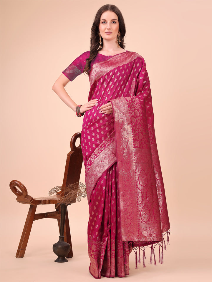 Magenta Colour Lichi Silk Saree weaving work With Blouse Piece