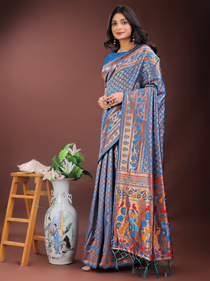 Blue Colour Silk Saree Weaving work With Blouse Piece