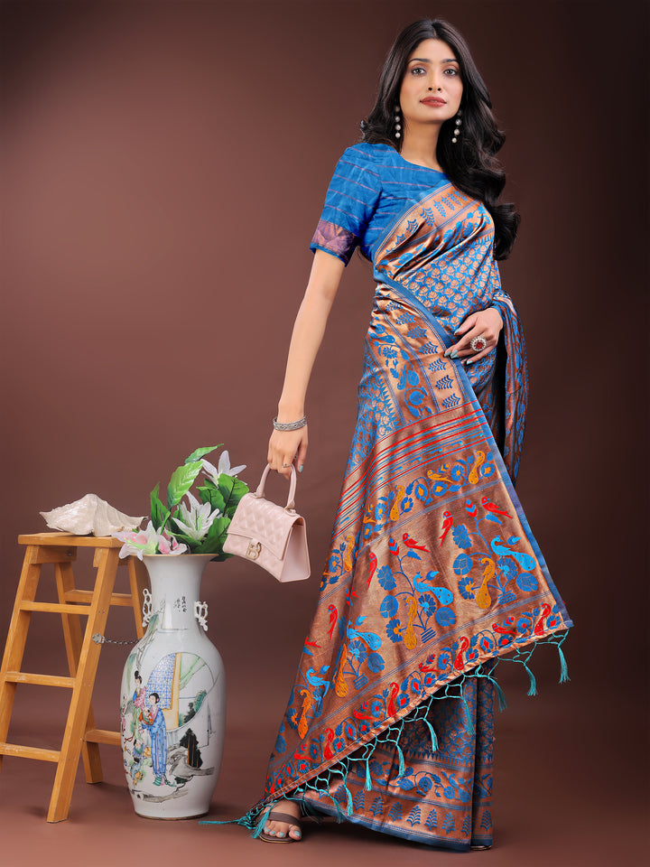 Blue Colour Silk Saree Weaving work With Blouse Piece