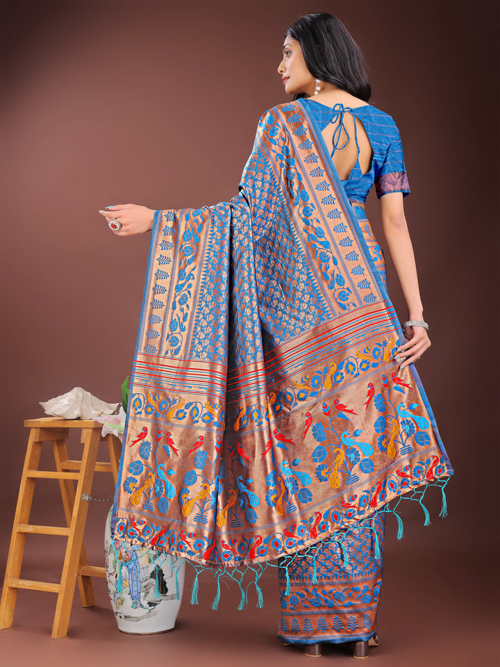 Blue Colour Silk Saree Weaving work With Blouse Piece