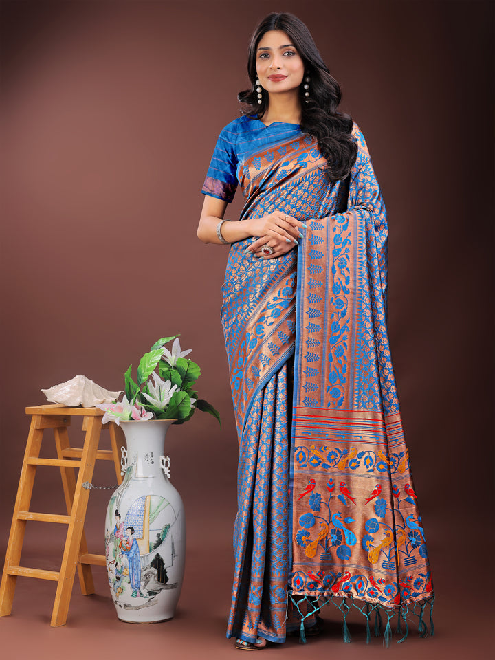 Blue Colour Silk Saree Weaving work With Blouse Piece