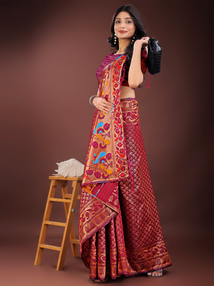 Maroon Colour Silk Saree Weaving work With Blouse Piece