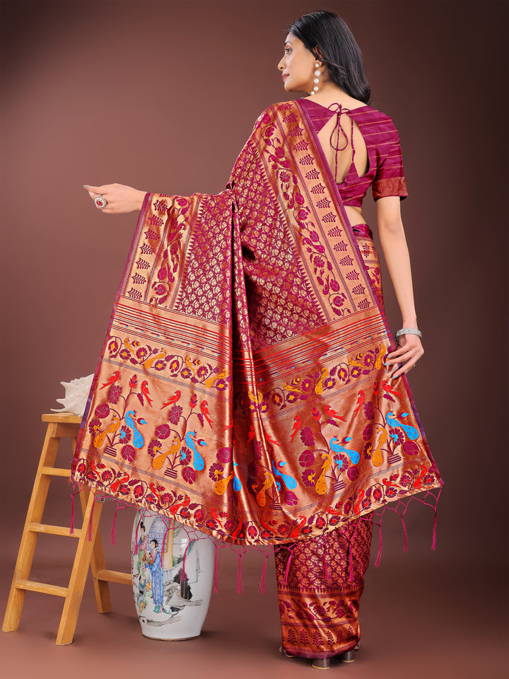 Maroon Colour Silk Saree Weaving work With Blouse Piece