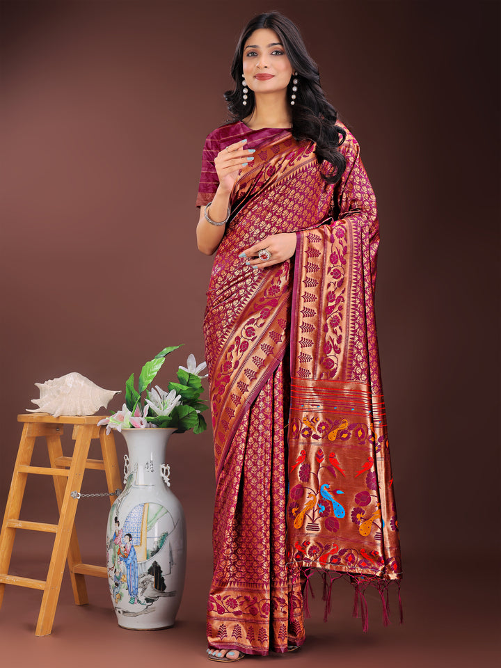 Maroon Colour Silk Saree Weaving work With Blouse Piece