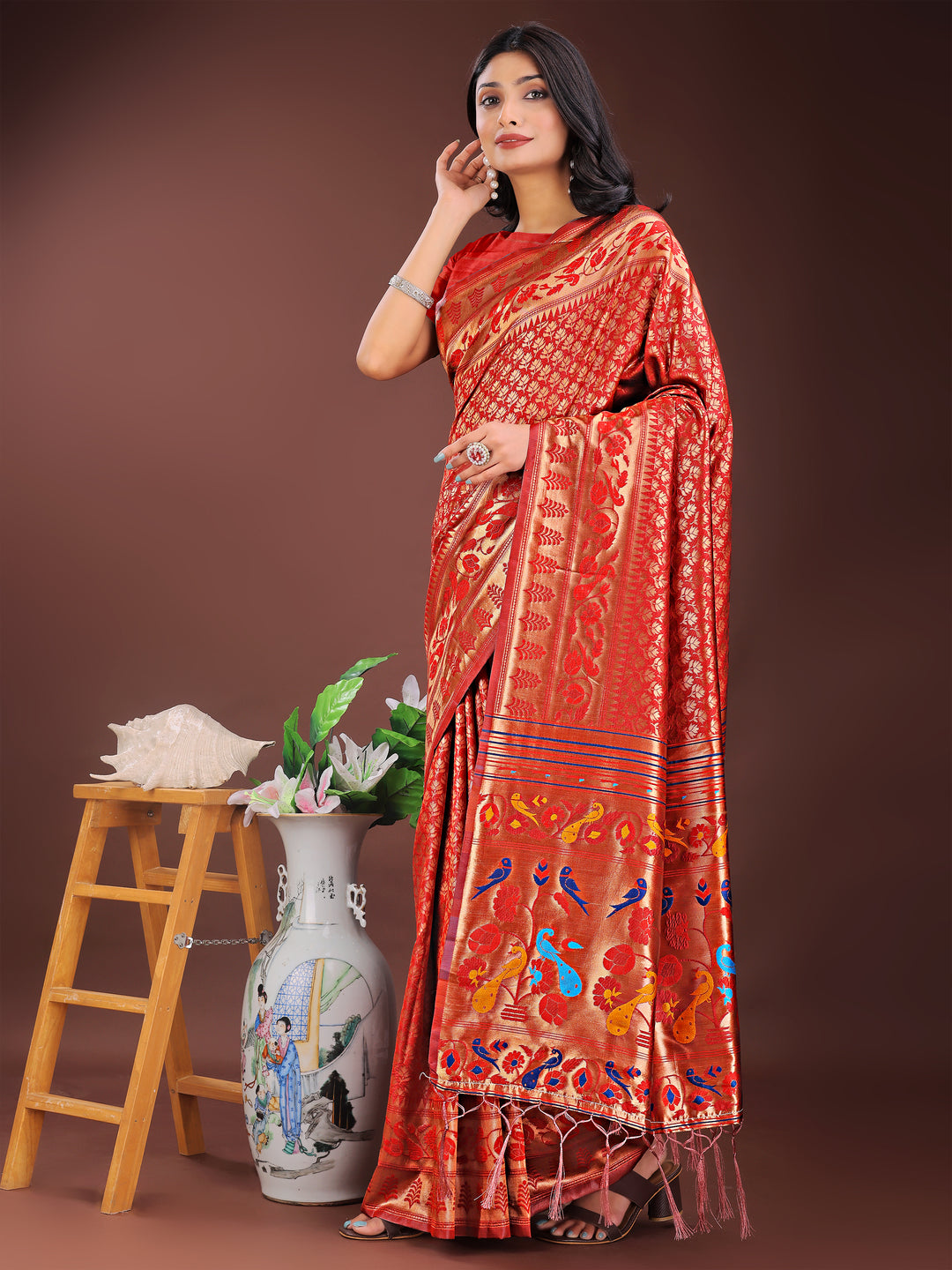 Red Colour Silk Saree Weaving work With Blouse Piece