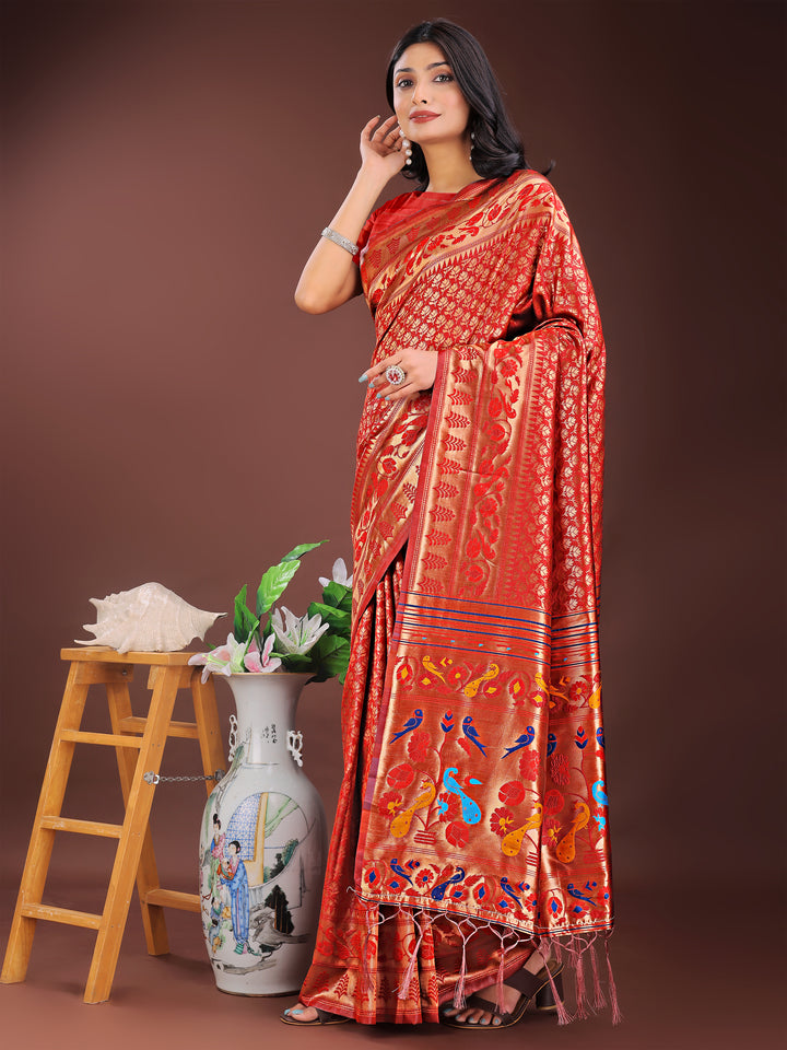Red Colour Silk Saree Weaving work With Blouse Piece