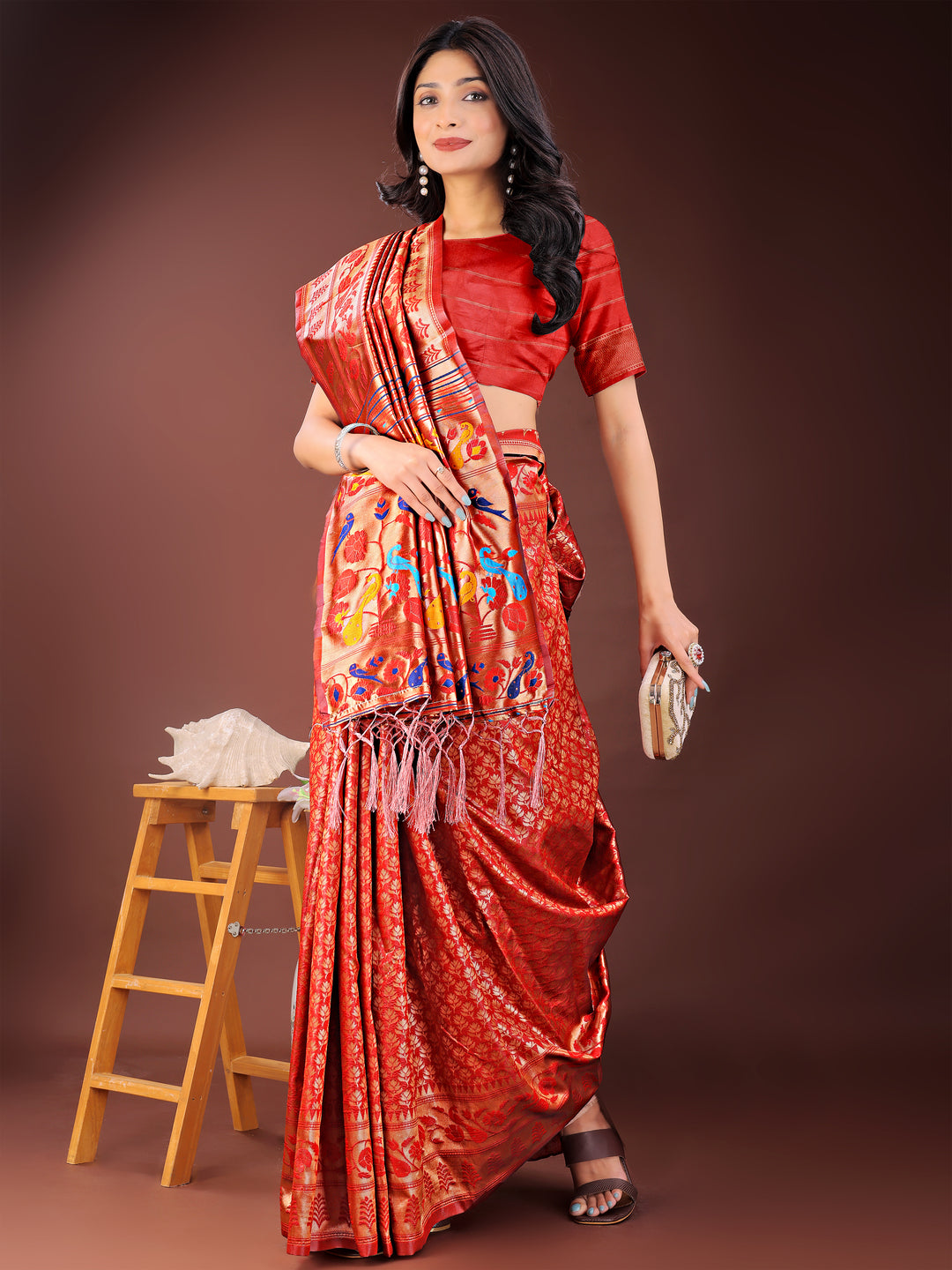 Red Colour Silk Saree Weaving work With Blouse Piece
