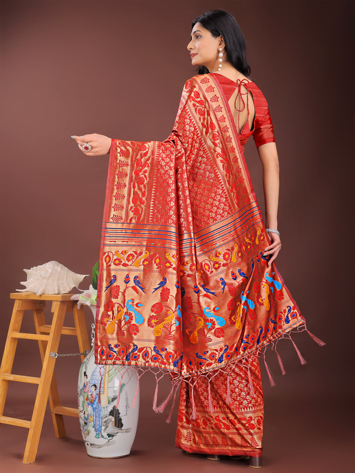 Red Colour Silk Saree Weaving work With Blouse Piece