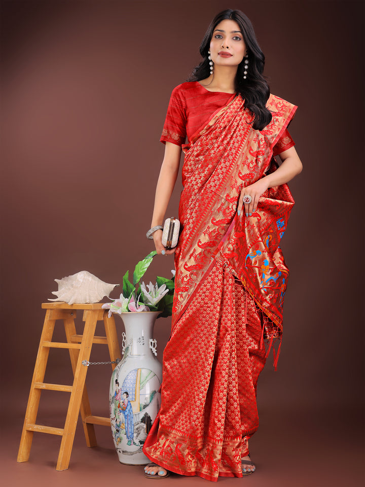 Red Colour Silk Saree Weaving work With Blouse Piece