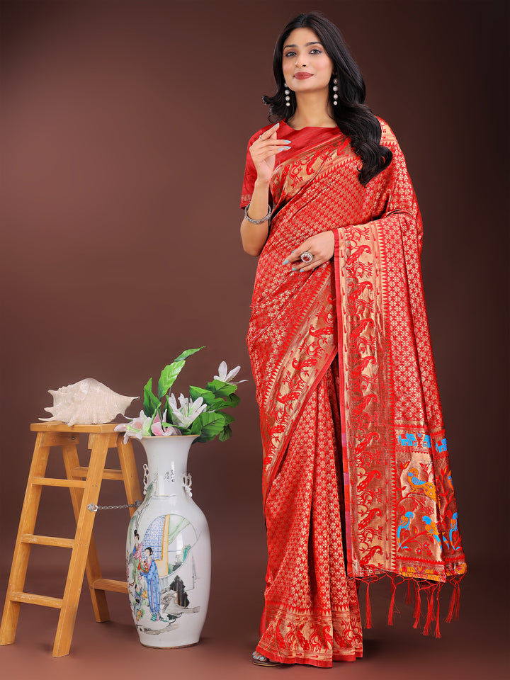 Red Colour Silk Saree Weaving work With Blouse Piece