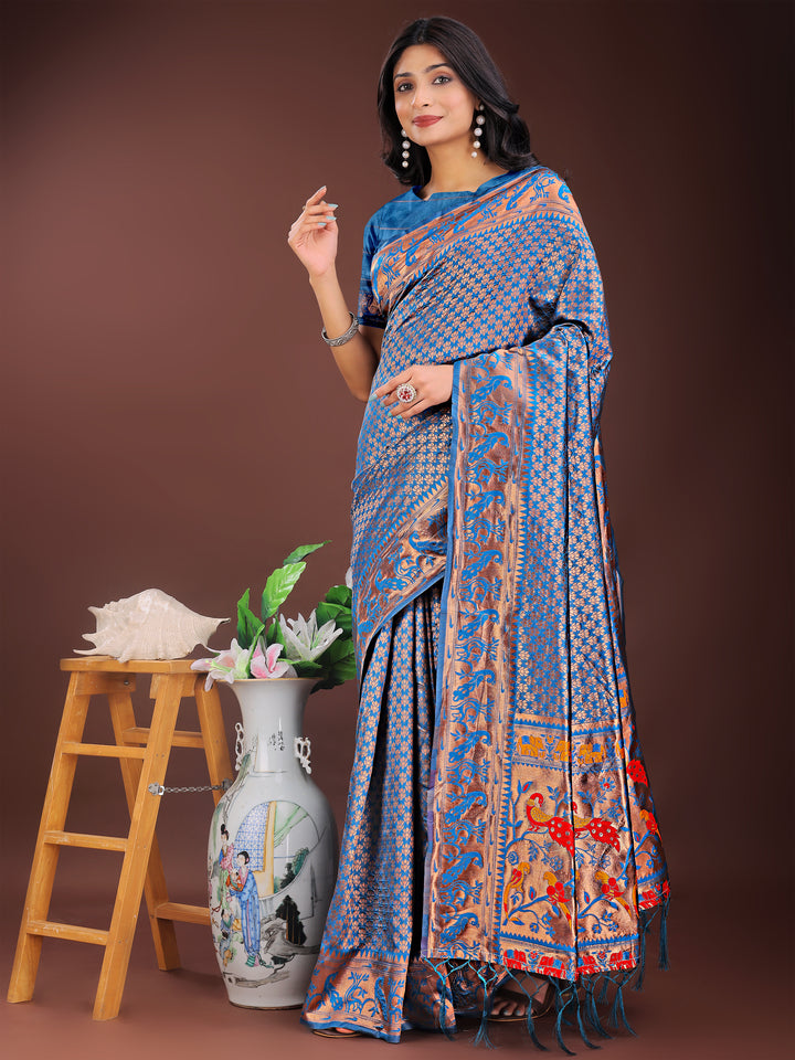 Blue Colour Silk Saree Weaving work With Blouse Piece