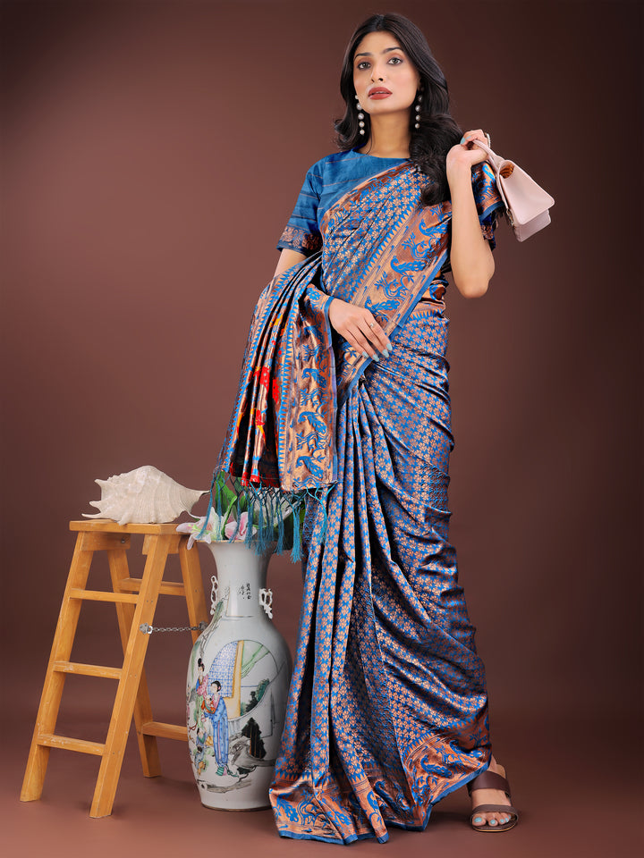 Blue Colour Silk Saree Weaving work With Blouse Piece