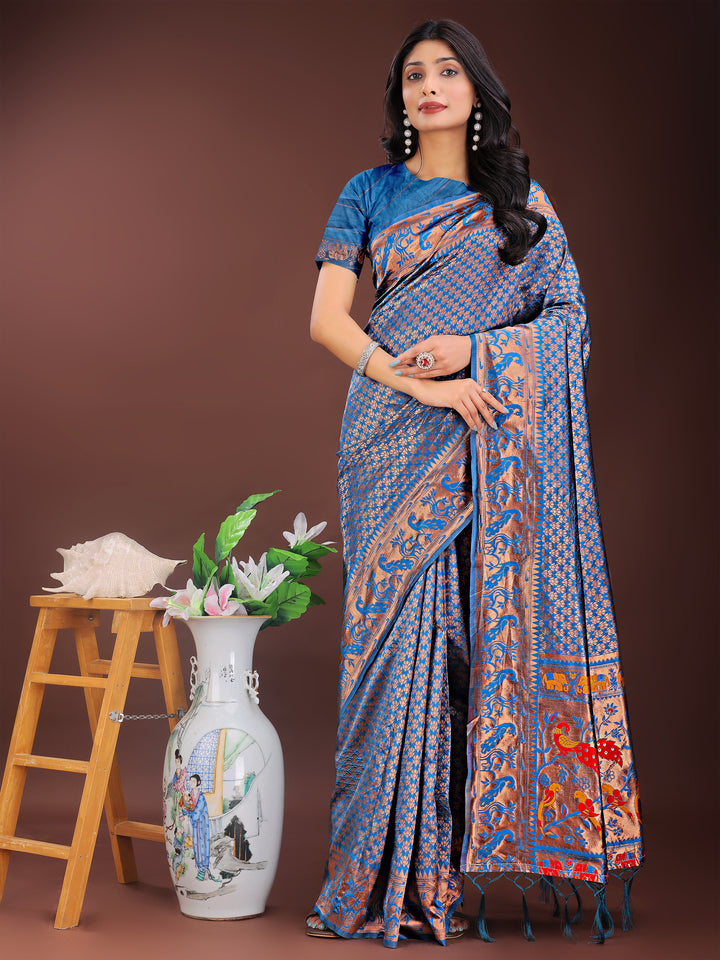 Blue Colour Silk Saree Weaving work With Blouse Piece
