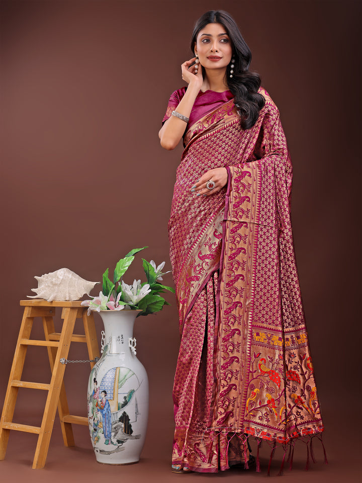 Pink Colour Silk Saree Weaving work With Blouse Piece