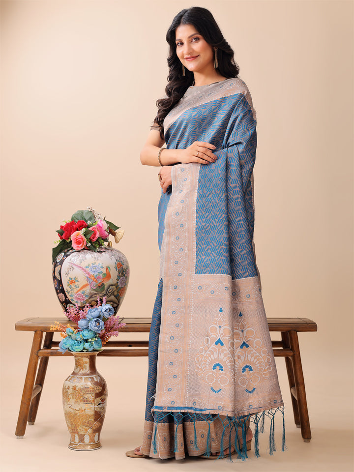 Blue Colour Lichi Silk Weaving Work Saree With Blouse Piece