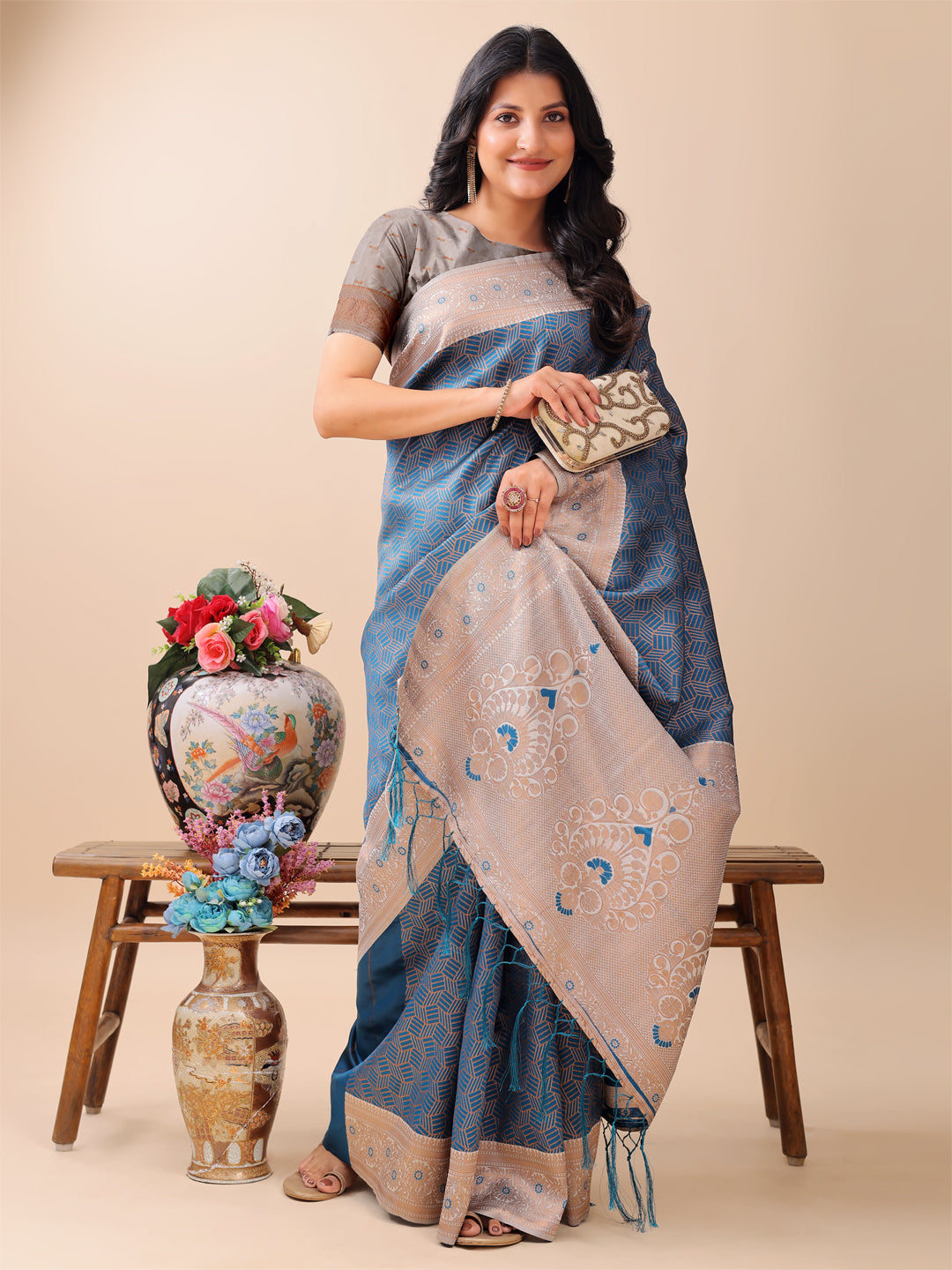 Blue Colour Lichi Silk Weaving Work Saree With Blouse Piece