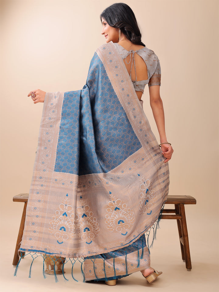 Blue Colour Lichi Silk Weaving Work Saree With Blouse Piece