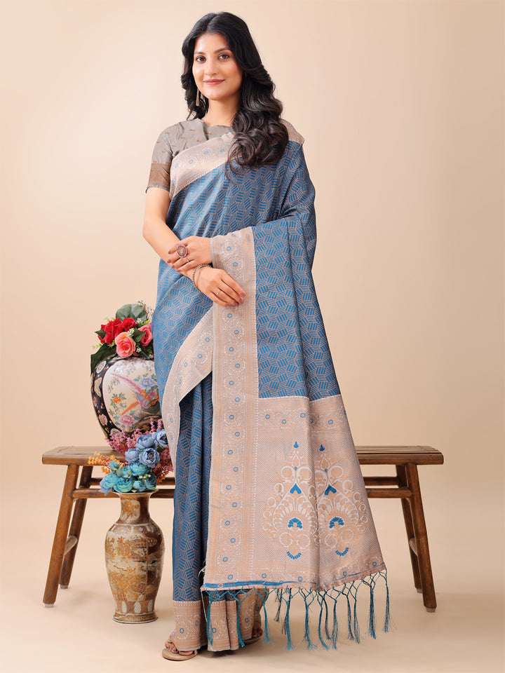 Blue Colour Lichi Silk Weaving Work Saree With Blouse Piece