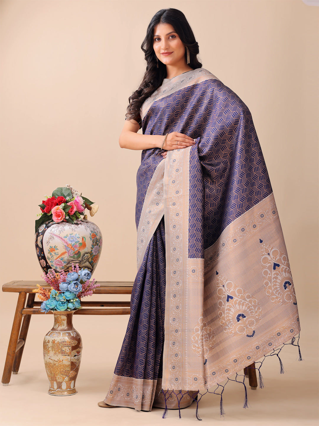 Navy Blue Colour Lichi Silk Weaving Work Saree With Blouse Piece