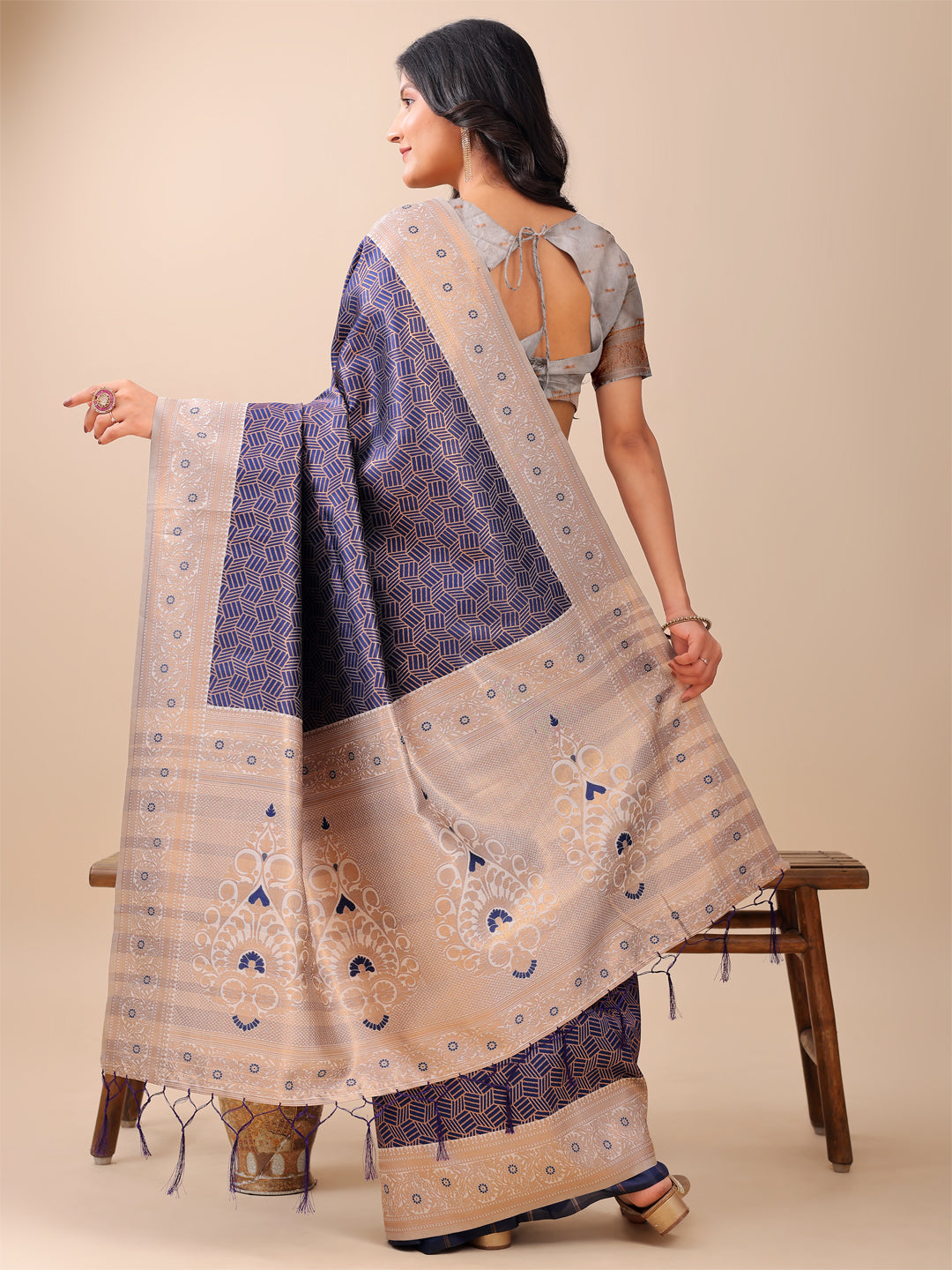 Navy Blue Colour Lichi Silk Weaving Work Saree With Blouse Piece