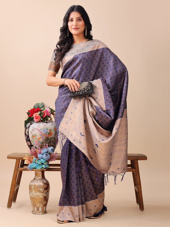 Navy Blue Colour Lichi Silk Weaving Work Saree With Blouse Piece