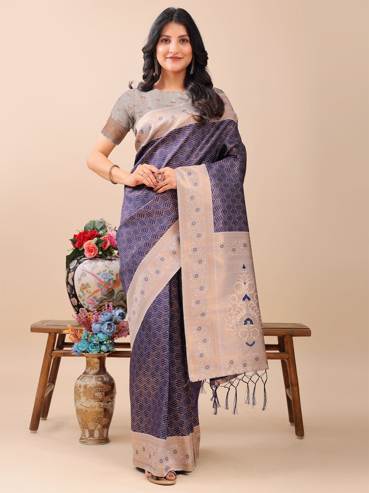 Navy Blue Colour Lichi Silk Weaving Work Saree With Blouse Piece