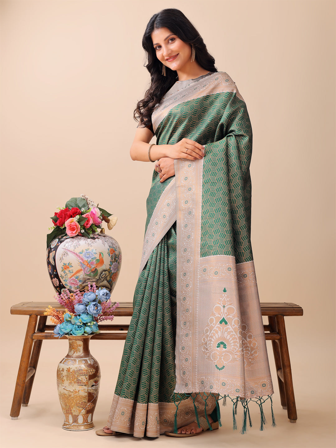 Green Colour Lichi Silk Weaving Work Saree With Blouse Piece