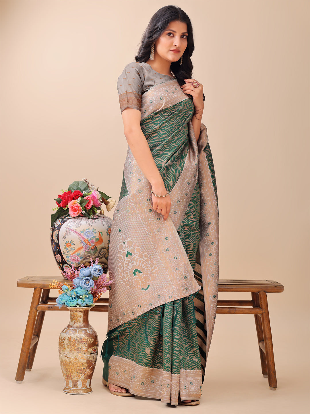 Green Colour Lichi Silk Weaving Work Saree With Blouse Piece
