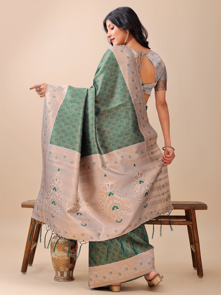 Green Colour Lichi Silk Weaving Work Saree With Blouse Piece