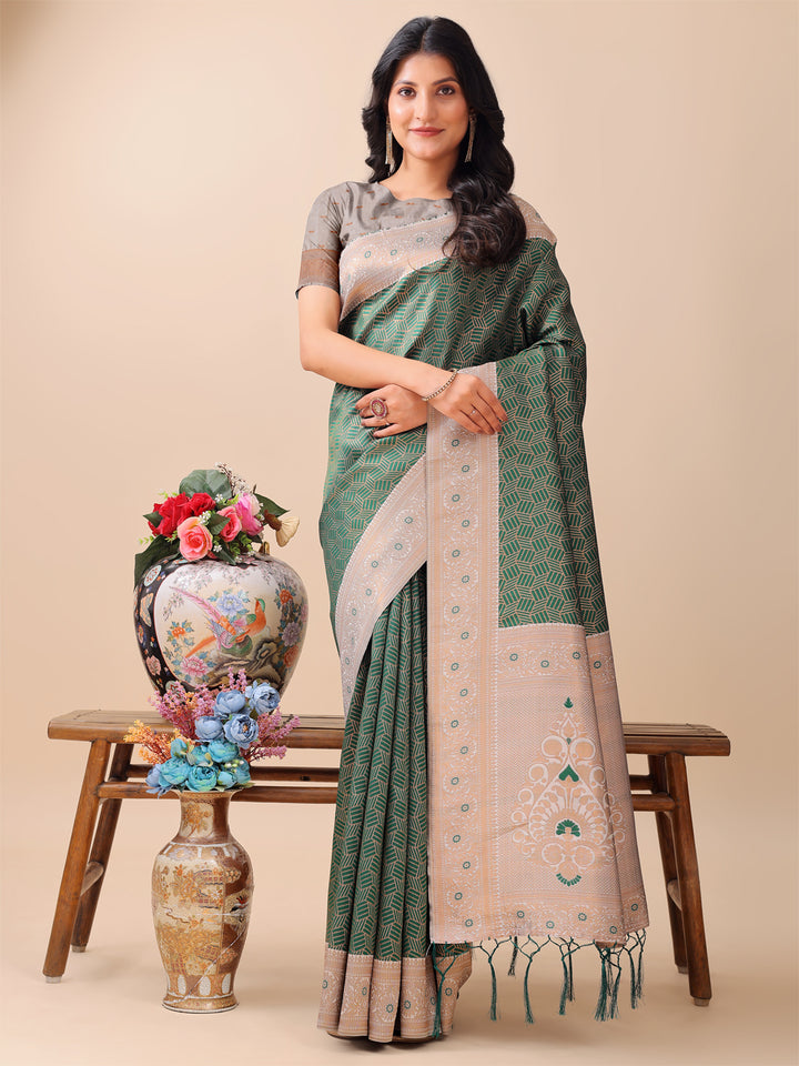 Green Colour Lichi Silk Weaving Work Saree With Blouse Piece