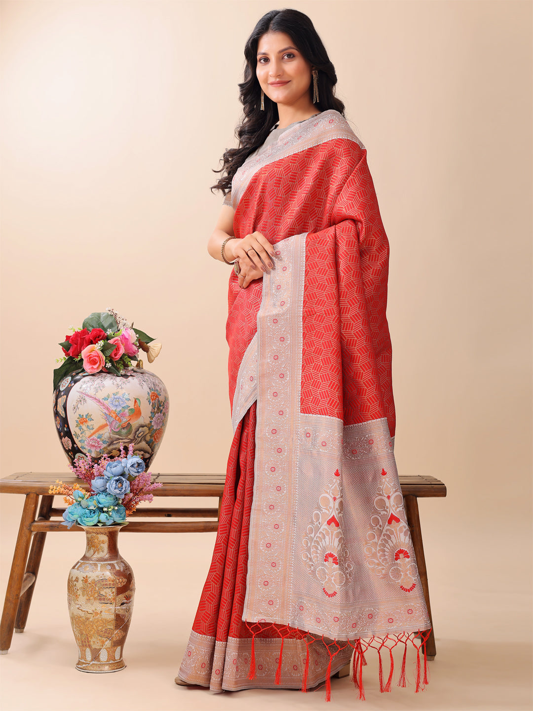 Red Colour Lichi Silk Weaving Work Saree With Blouse Piece
