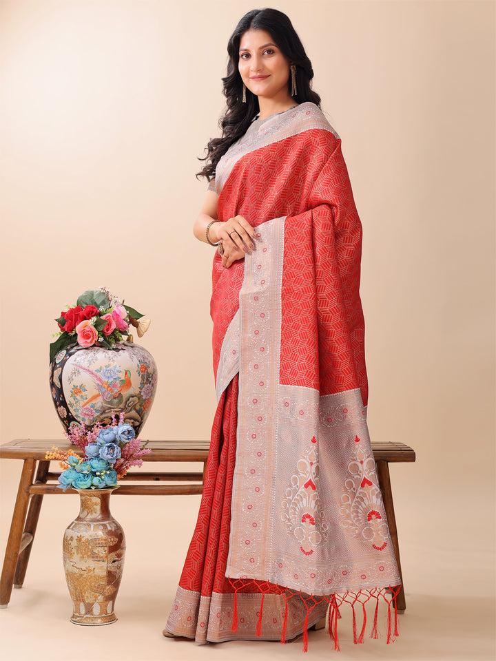 Red Colour Lichi Silk Weaving Work Saree With Blouse Piece