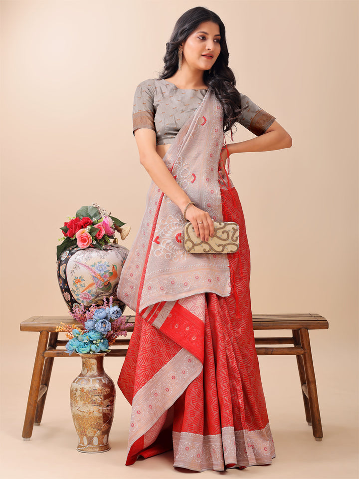 Red Colour Lichi Silk Weaving Work Saree With Blouse Piece