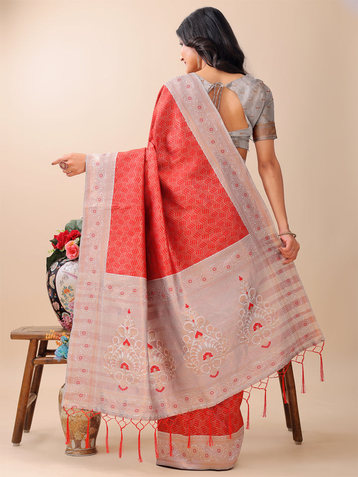 Red Colour Lichi Silk Weaving Work Saree With Blouse Piece