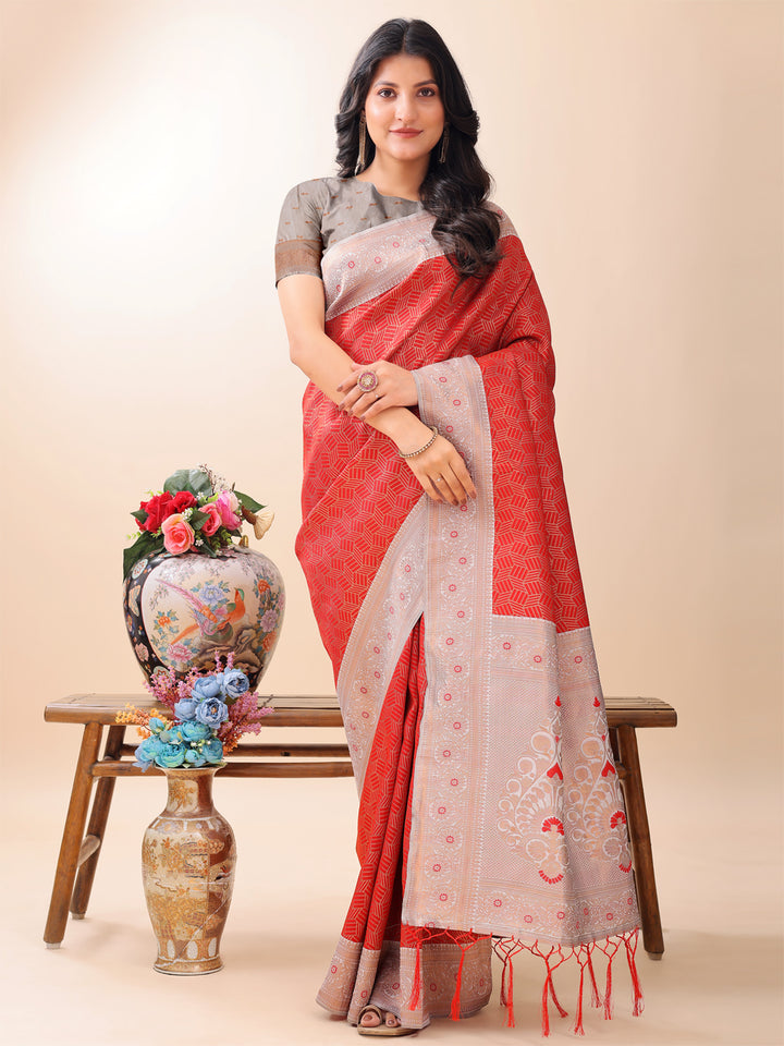 Red Colour Lichi Silk Weaving Work Saree With Blouse Piece